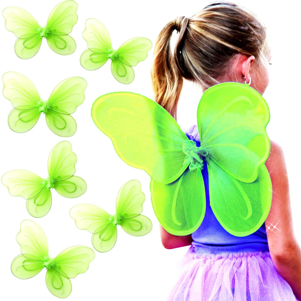 Butterfly Craze Girls' Fairy, Angel, or Butterfly Wings Costumes & Dress Up Collection: Set of 6, Magical Delights, Favors or Supplies for Kids, Make Your Little One's Birthday Party Special, Green